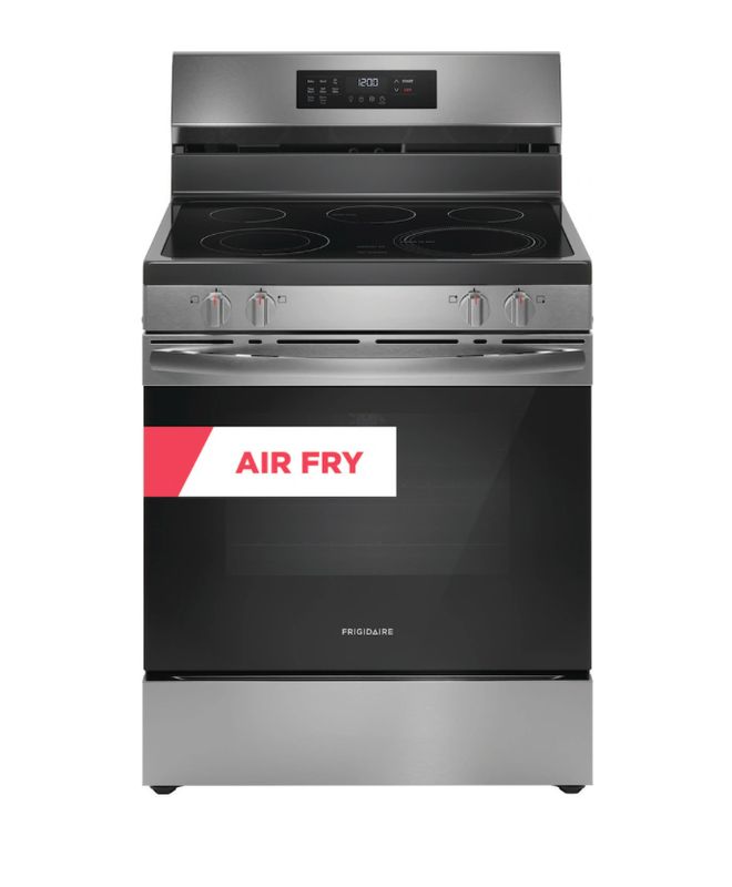 Frigidaire 30-in Smooth Surface Glass Top 5 Elements 5.3-cu ft Self-Cleaning Air Fry Convection Oven Freestanding Electric Range (Stainless Steel)