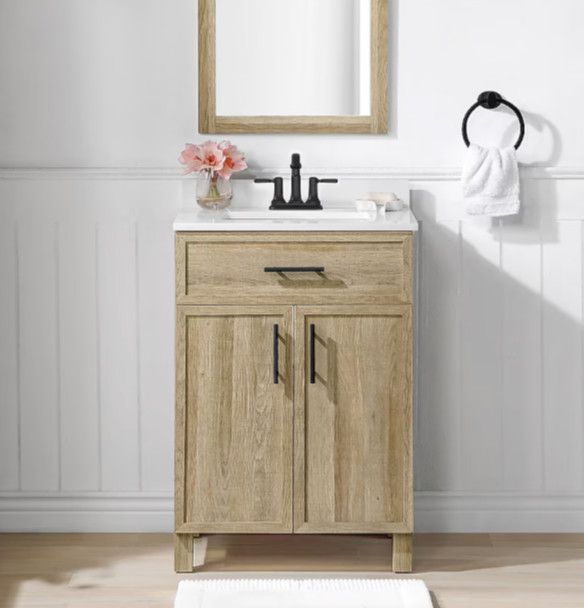 Style Selections Dolton 24-in Light Natural Oak Undermount Single Sink Bathroom Vanity with White Engineered Marble Top (Mirror Included) (Fully Assembled)