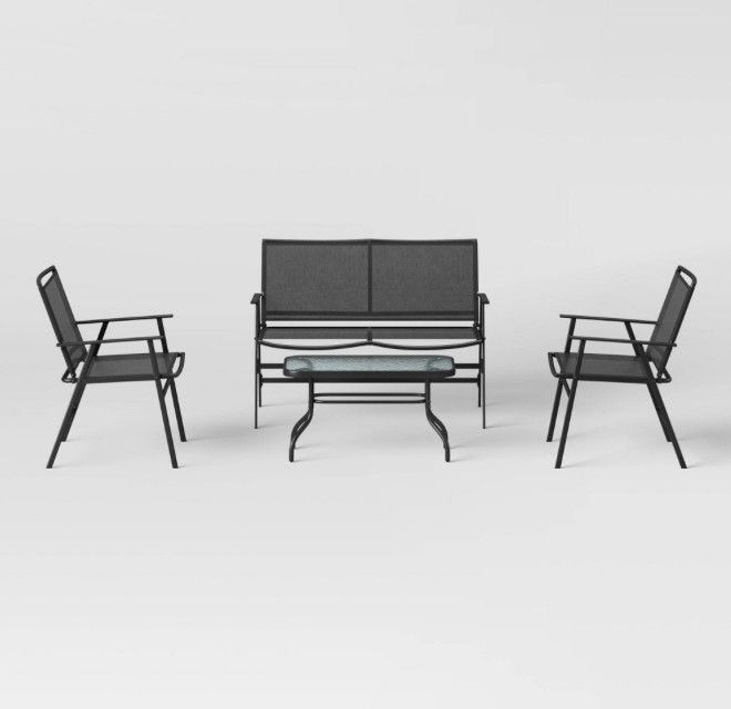 4 Piece Sling Outdoor Patio Conversation Set Black Room Essentials™Weather-Resistant Steel Frame Tempered Glass Table