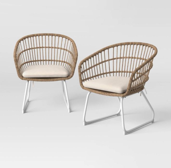 2pc Southport Patio Dining Chairs with Cushions Wicker/Steel Frame Natural/White
