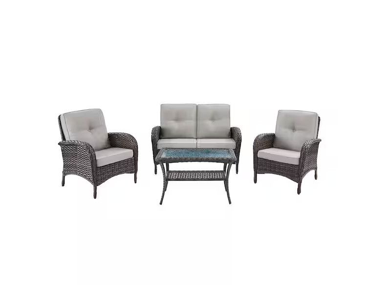 Pocassy Brown 4-Piece Wicker Outdoor Loveseat Set Patio Rattan Loveseat 2 Lounge Chairs and Coffee Table with Beige Cushions