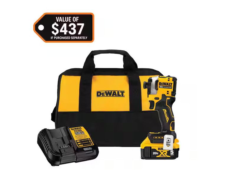 DEWALT ATOMIC 20V MAX Lithium-Ion Cordless 1/4 in. Brushless Impact Driver Kit, 5 Ah Battery, Charger, and Bag