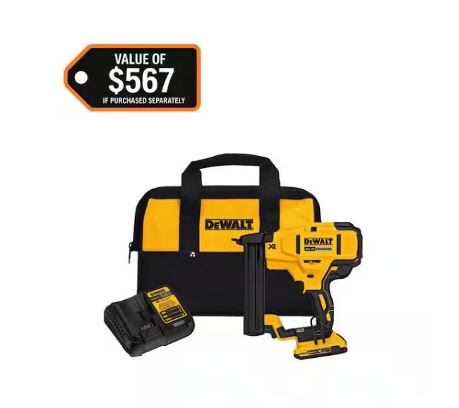 DEWALT 20V MAX XR Lithium-Ion Cordless 18-Gauge Narrow Crown Stapler Kit with 2.0Ah Battery, Charger and Contractor Bag
