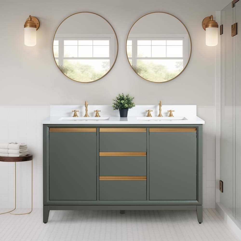 60 Inch Vintage Green Double Sink Bathroom Vanity with Marble Top