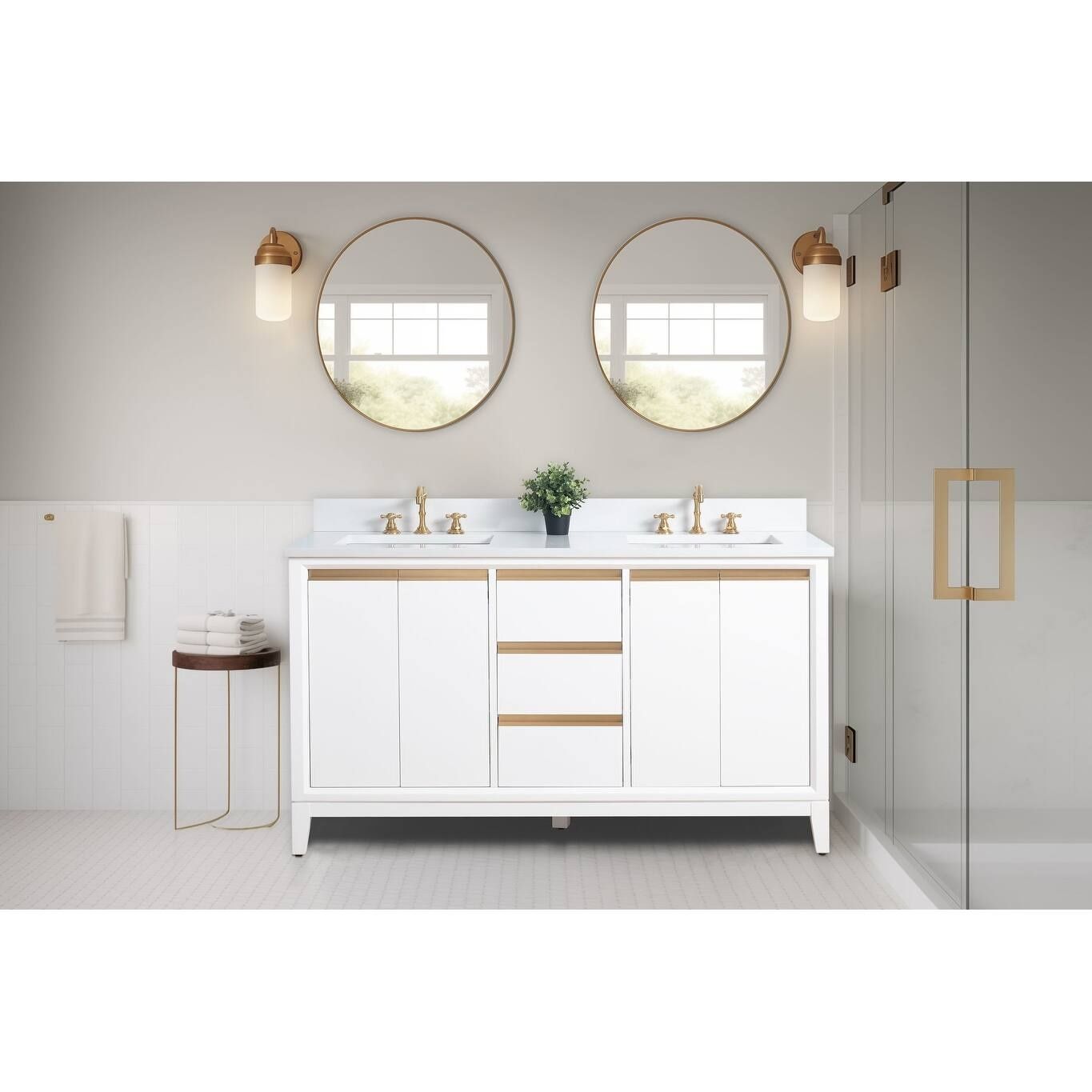 60 Inch White Double Sink Bathroom Vanity with Marble Top