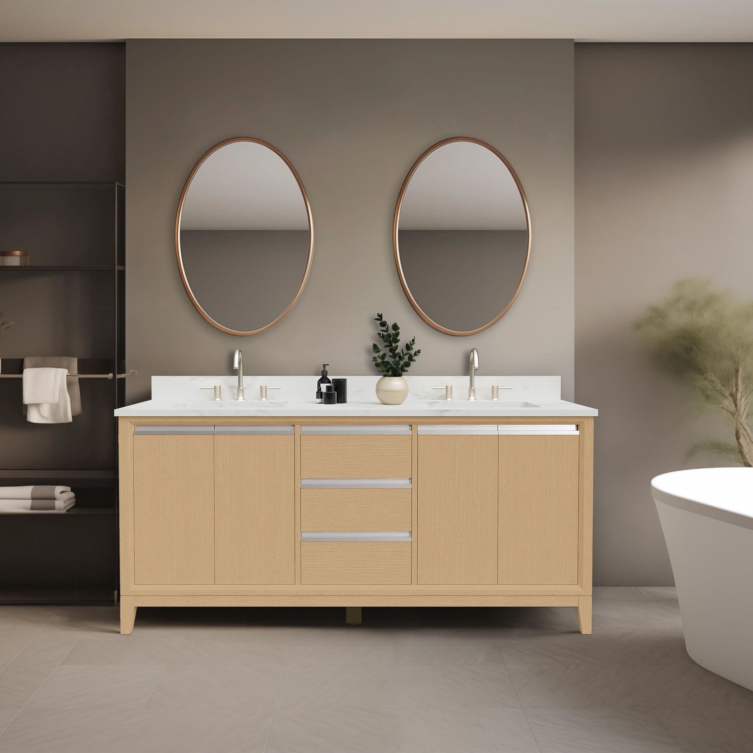 54 Inch Natural Oak Double Sink Bathroom Vanity with Marble Top
