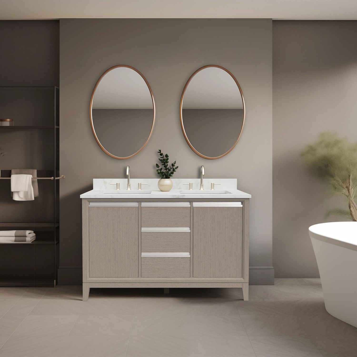 54 Inch Driftwood Gray Double Sink Bathroom Vanity with Marble Top