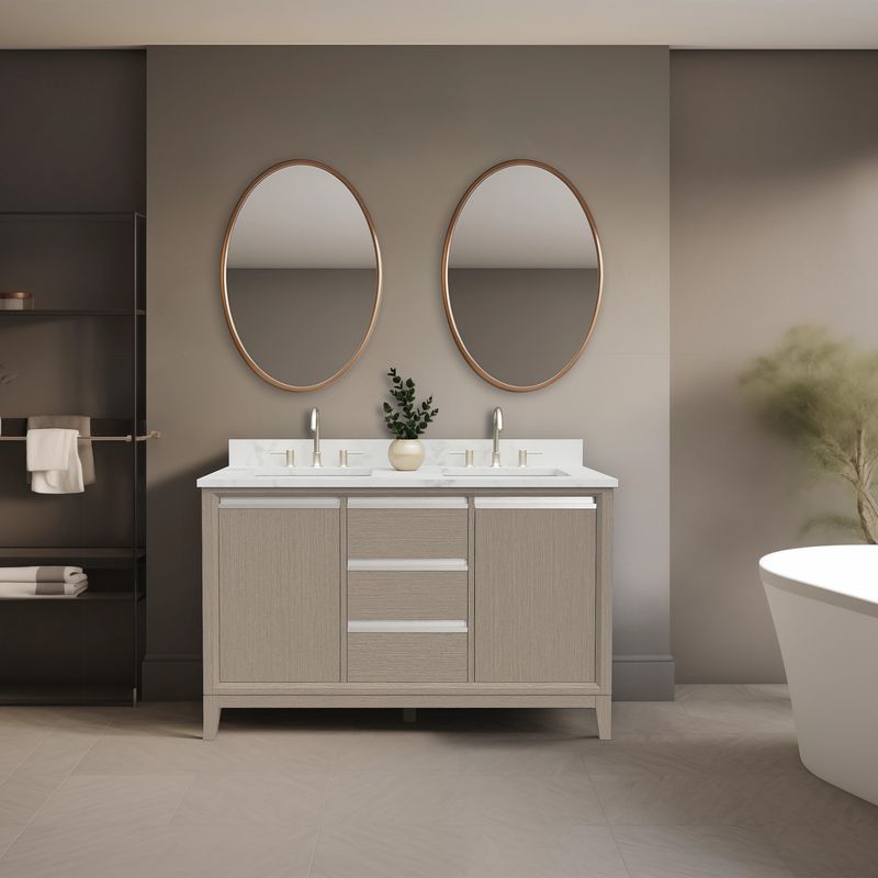 54 Inch Driftwood Gray Double Sink Bathroom Vanity with Marble Top