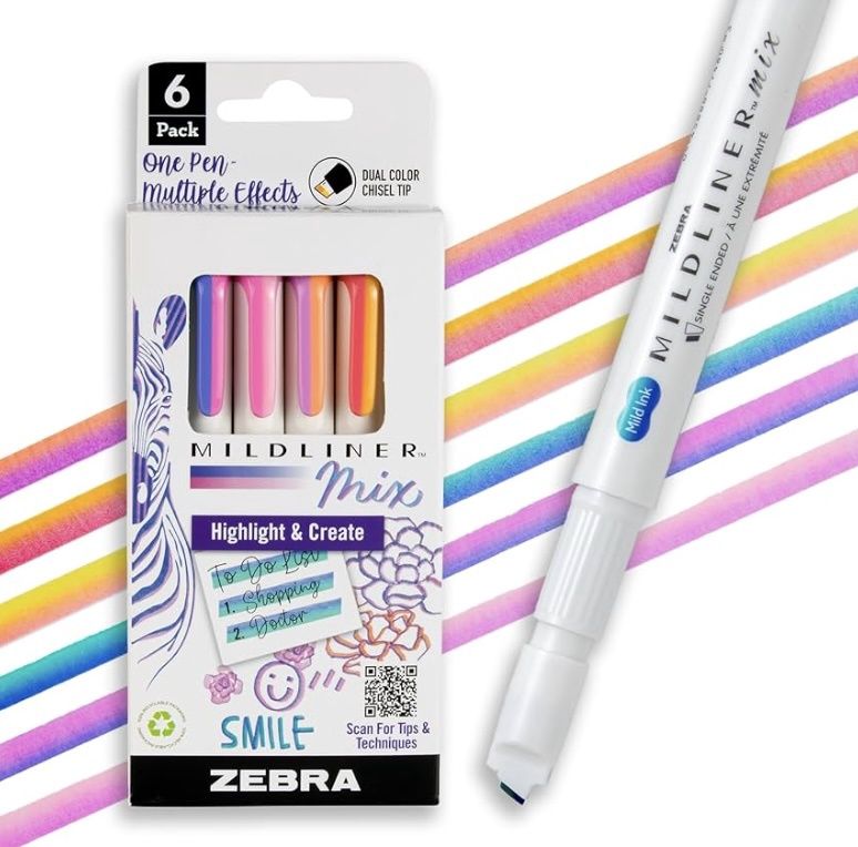Zebra Mildliner Chisel Tip Highlighter - Mix 2 Colors in 1 Pen - 6 Pack