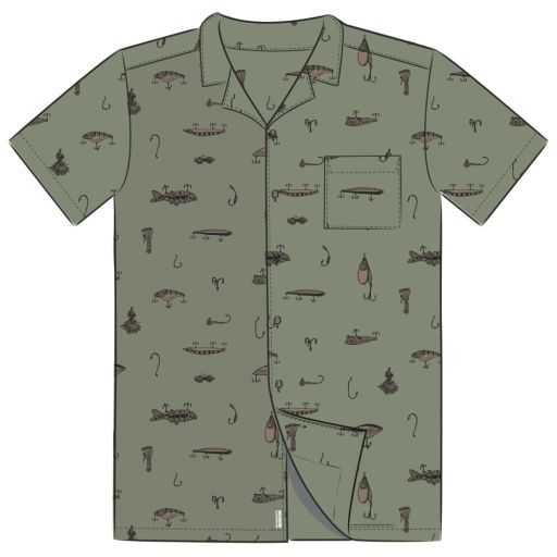 Men&#39;s Fish Tackle Box Pattern Camp Shirt, Color: Moss Green, Size: S