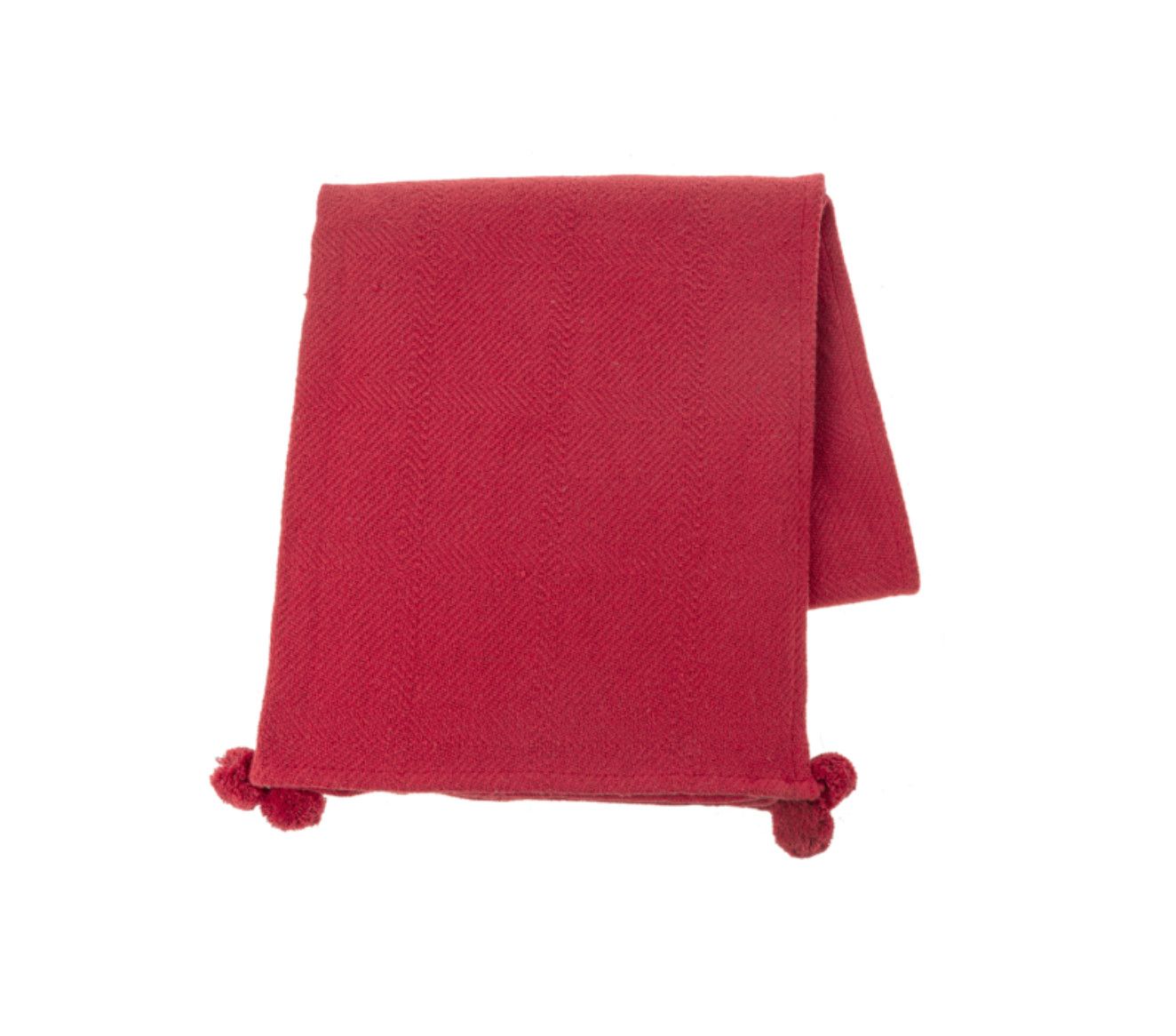 Clearance Red Woven Throw with Pom Poms