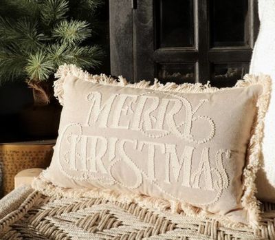 Beige Merry Christmas Pillow 12x20