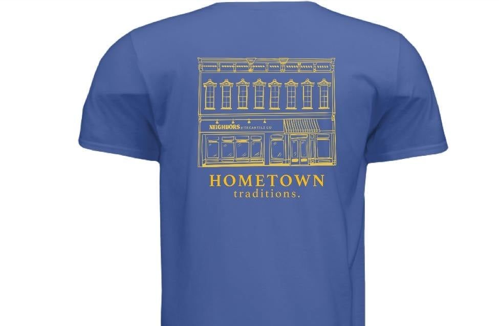 Neighbor&#39;s Tee w/picture of building, Color: Metro Blue, Size: SM
