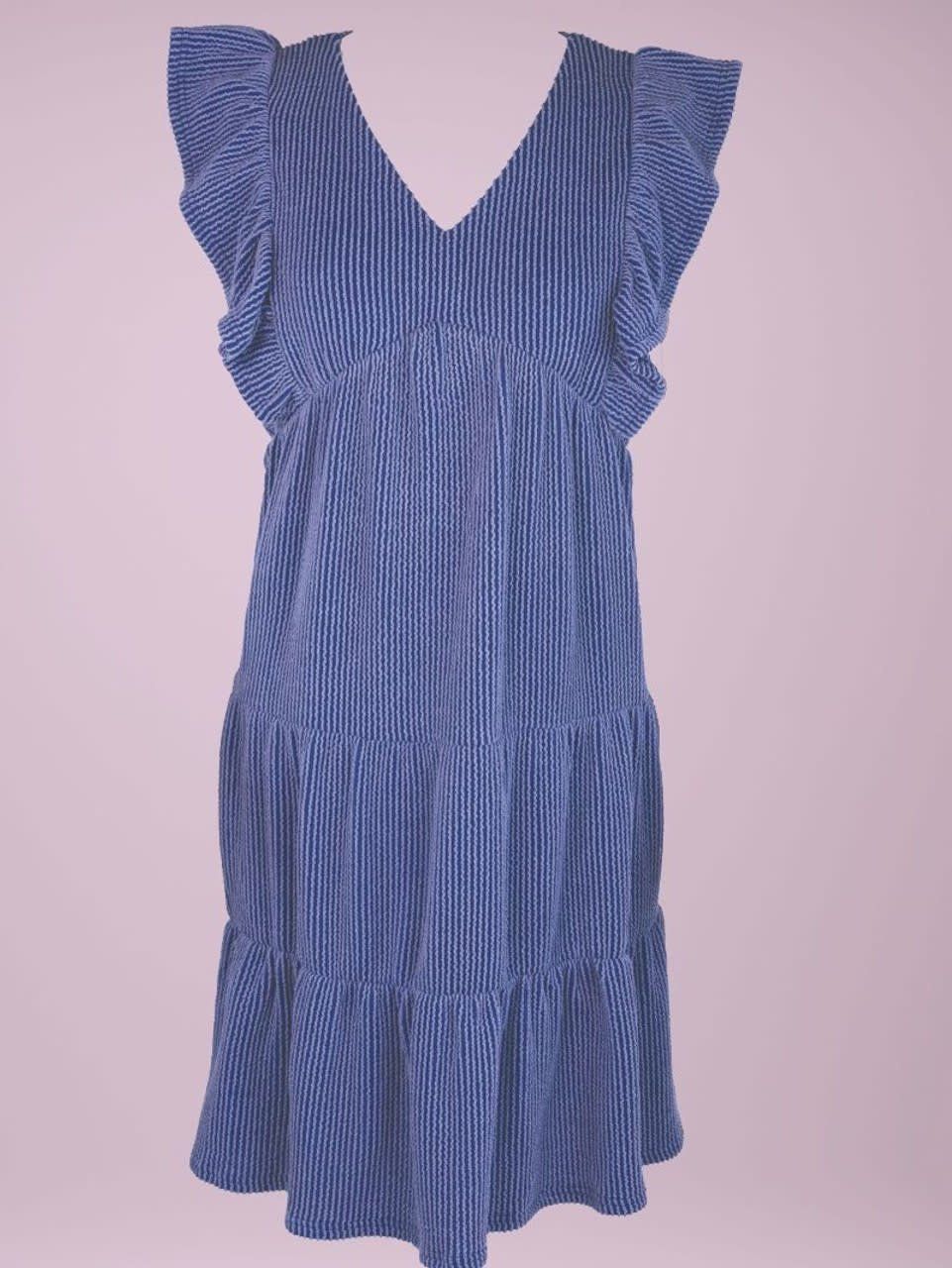 Ruffled Sleeve Ribbed Knit Dress, Color: Navy, Size: SM
