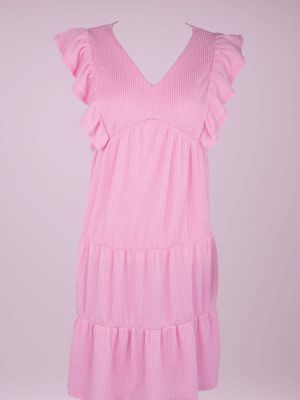 Ruffled Sleeve Ribbed Knit Dress