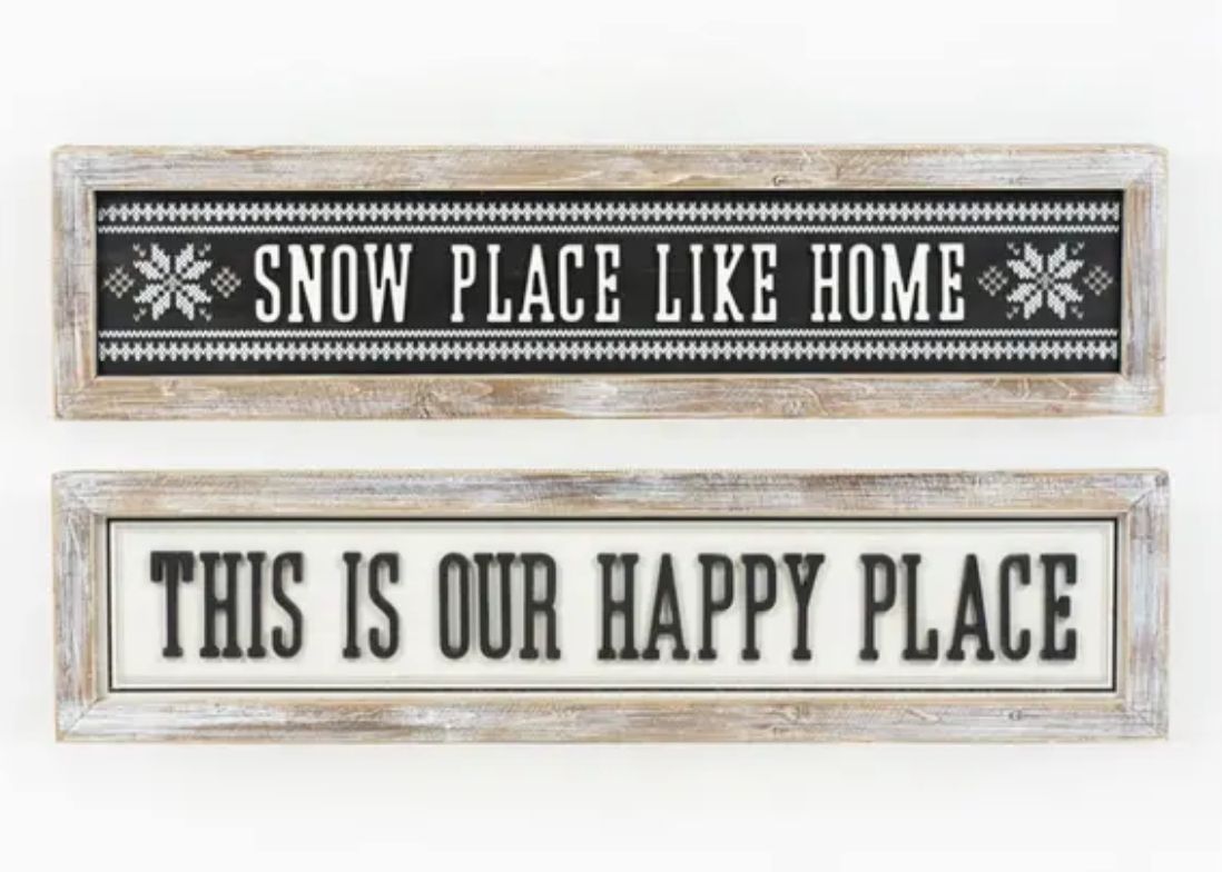 Snow / Happy Place Reversible Wood Framed Sign 37 x 9