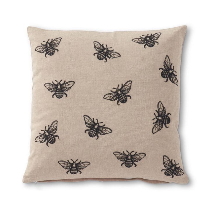 Square Tan Cotton Pillow w/ Embroidered Bees 18”