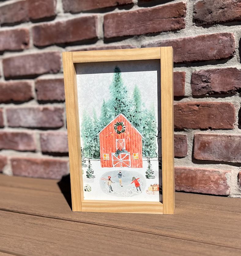 Large Winter Barn Scene 8 x 12 Light Oak