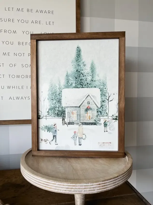 Large Winter House Scene 13 x 17 Dark Walnut