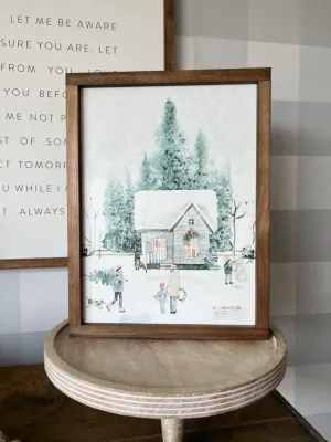 Large Winter House Scene 13 x 17 Dark Walnut