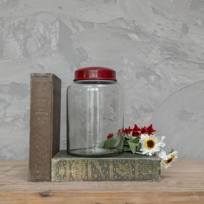 Clear Glass Jar w/ Red Lid 7.5”