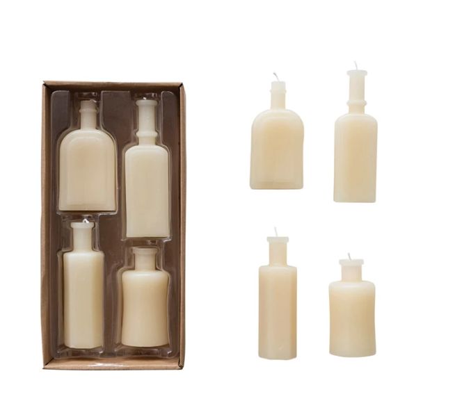 Unscented Vintage Bottle Shaped Candles, Set of 4 Cream