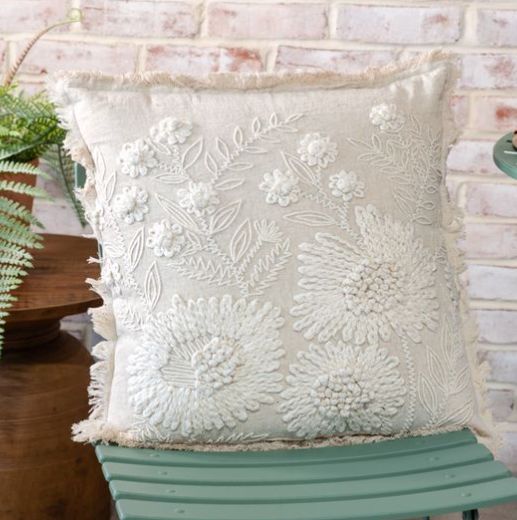 Stonewash Green Embroidered Flower Pillow 18” Square