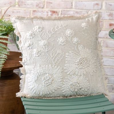 Stonewash Green Embroidered Flower Pillow 18” Square