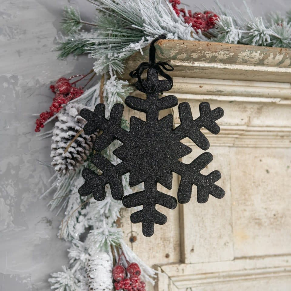 Clearance - Black Snowflake Ornament w/ Glitter 10”