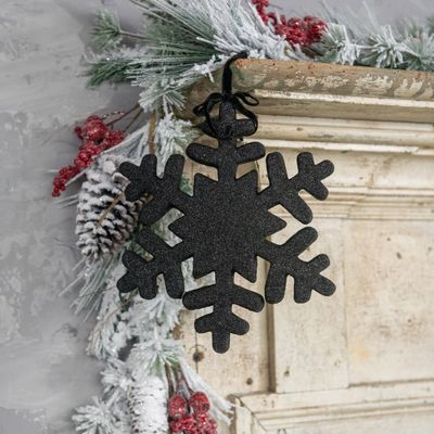 Clearance - Black Snowflake Ornament w/ Glitter 10”
