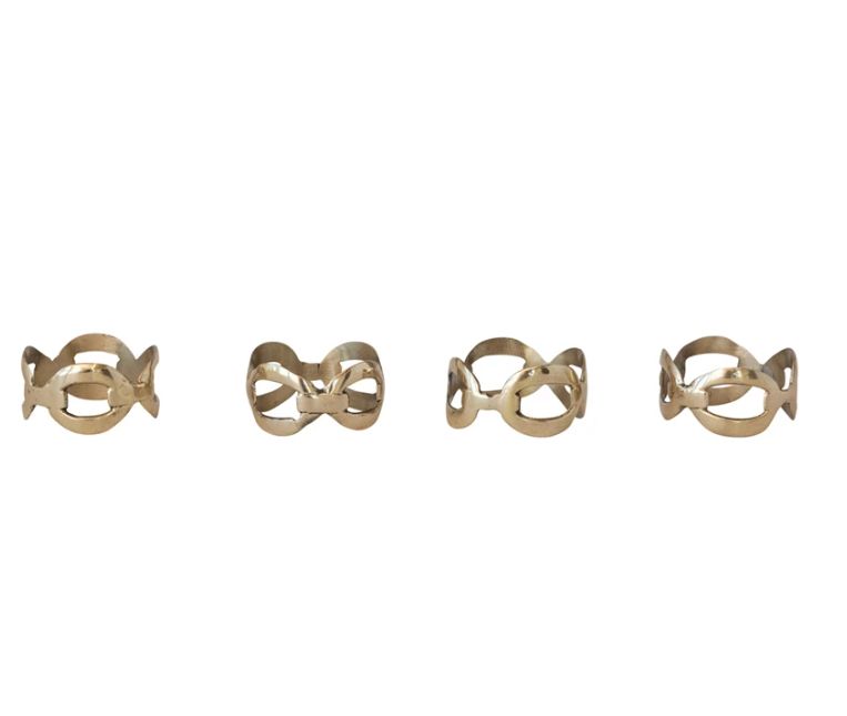 Brass Chain Shaped Napkin Rings with Leather Tie, Set of 4