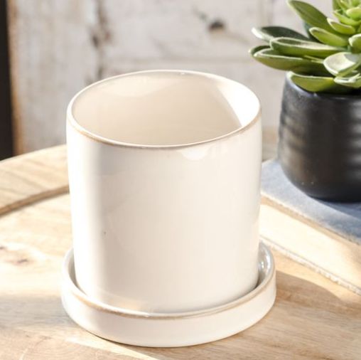 White Ceramic Pot w/ Tray 3.9”