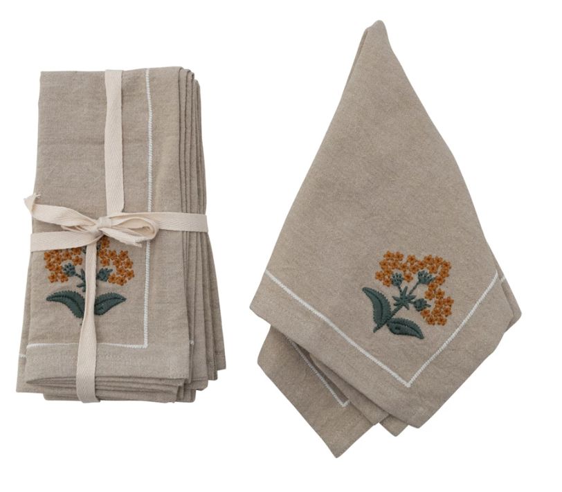 Cotton Napkin with Floral Embroidery Set of 4