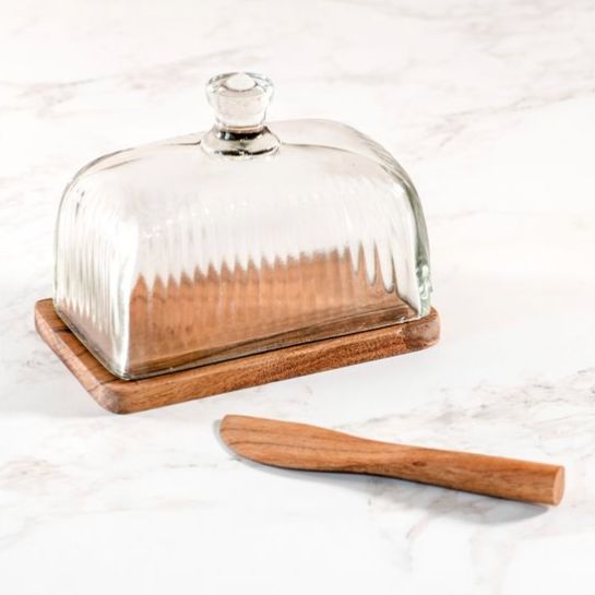 Glass &amp; Wood Butter Dish w/Wood Knife