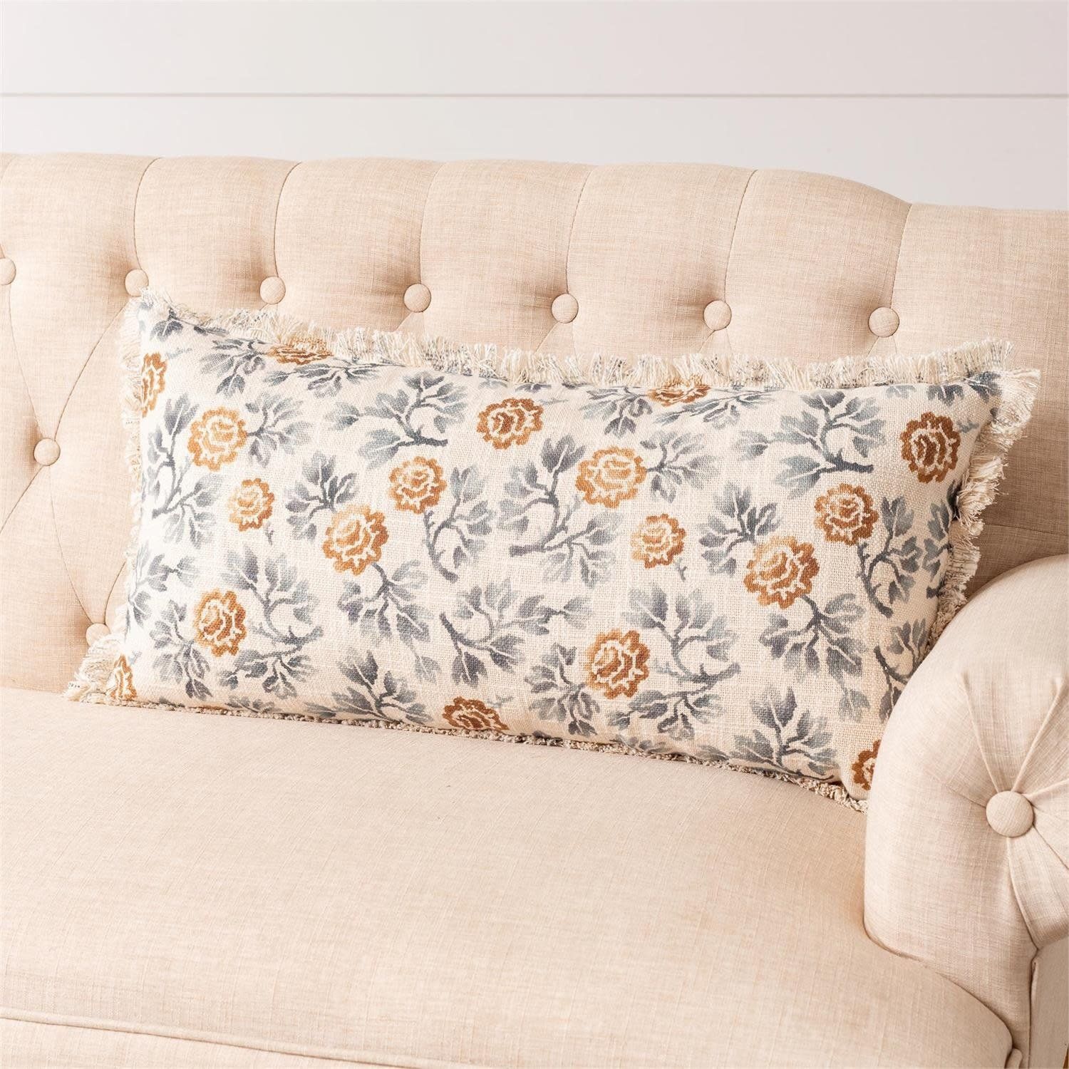 Blue Floral Motif Lumbar Pillow 14 x 28