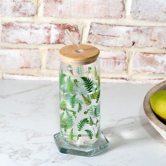 Fern Glass Drink Cup w/Straw 25oz