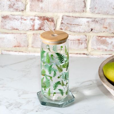 Fern Glass Drink Cup w/Straw 25oz