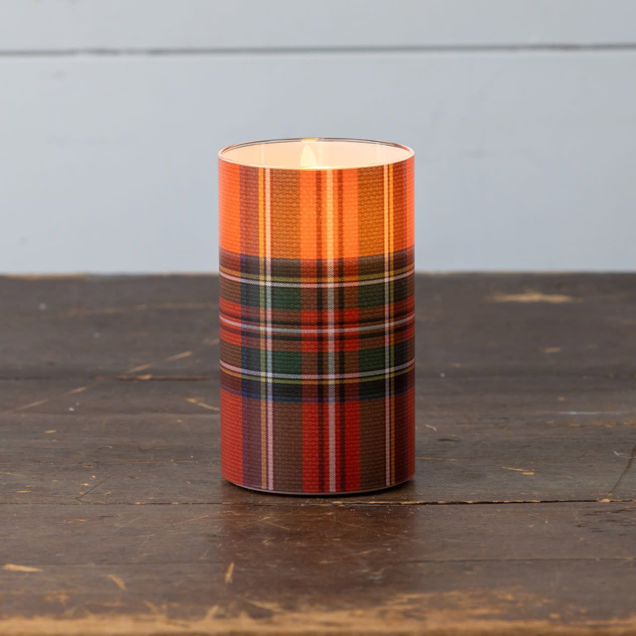Red Tartan 3D Flame Glass Candle 5”