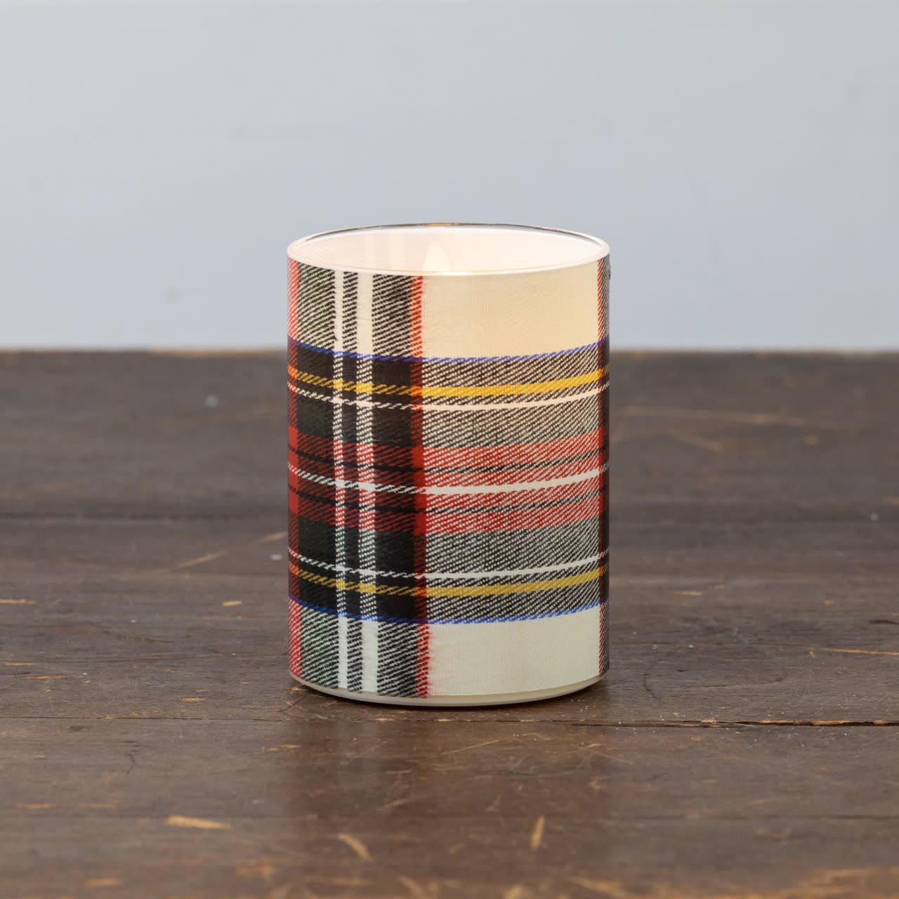 White Tartan 3D Flame Glass Candle 3”