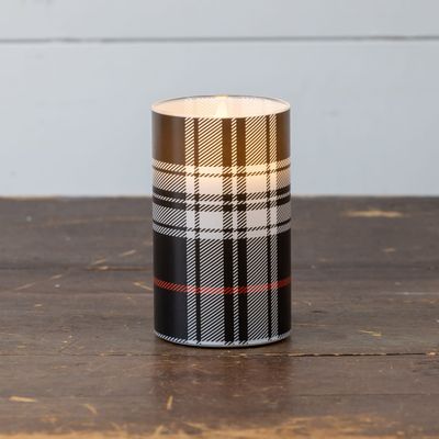 Black &amp; White Tartan 3D Flame Glass Candle 5”