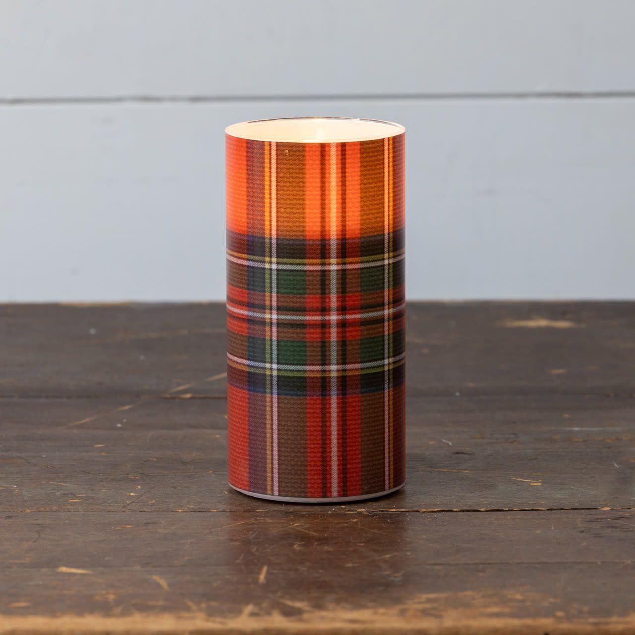 Red Tartan 3D Flame Glass Candle 6”