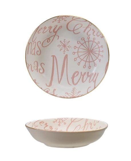 “Merry Christmas” Stoneware Dish, Pink &amp; White with Gold Color Rim, Small