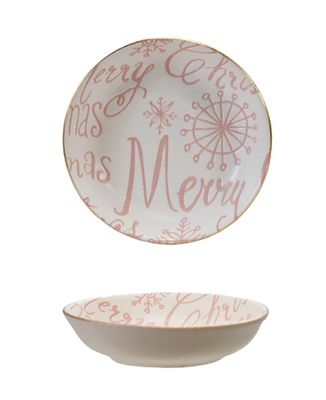 “Merry Christmas” Stoneware Dish, Pink &amp; White with Gold Rim