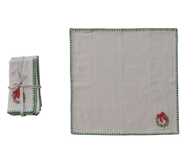 Napkins with Embroidered Wreath &amp; Appliquéd, Set of 4