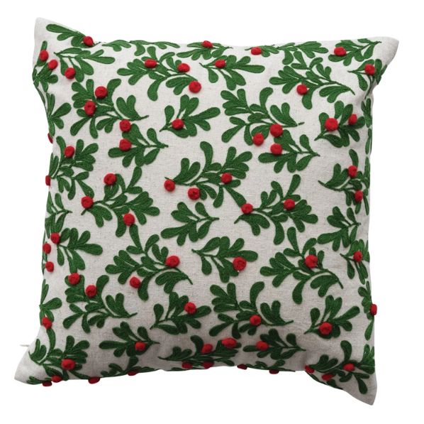Square Cotton &amp; Linen Pillow with Embroidered Mistletoe Pattern, 16”x16”