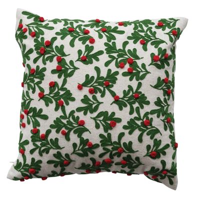 Square Cotton &amp; Linen Pillow with Embroidered Mistletoe Pattern, 16”x16”