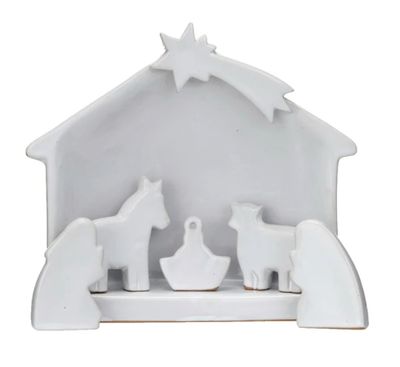 Stoneware Nativity, Reactive Glaze, White, Set of 6