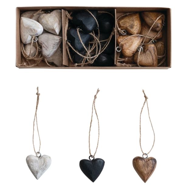 Mango Wood Heart Ornaments with Jute Hangers, Boxed Set of 24