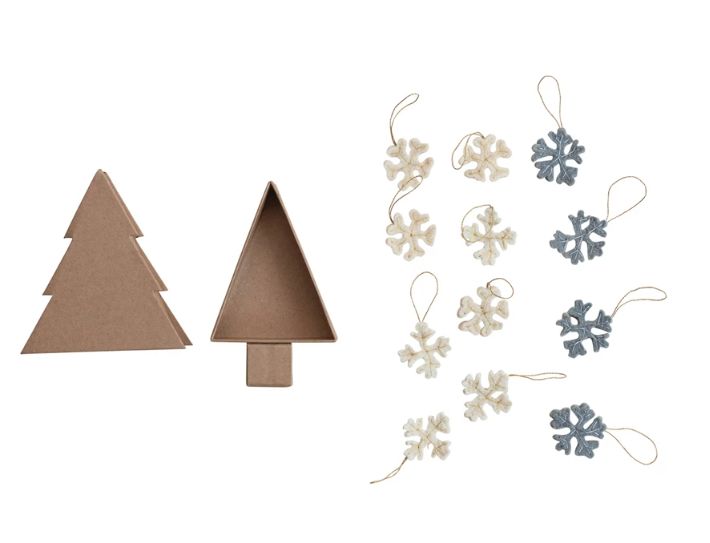 Handmade Wool Felt Snowflake Ornaments in Kraft Box, Boxed Set of 9