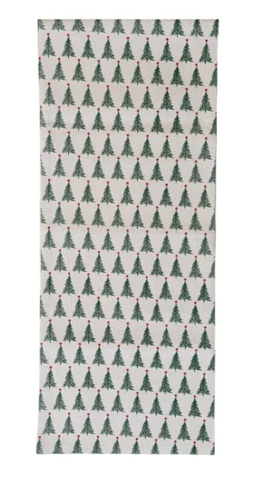 Stonewashed Cotton Printed Table Runner w/ Christmas Tree Pattern, 72&quot;L x 14”W